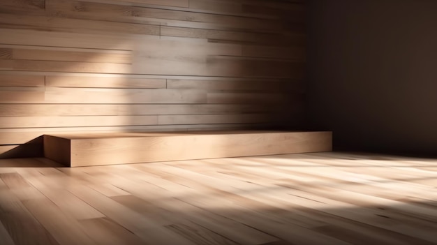 Una stanza in legno con un pavimento in legno e una parete in legno con il sole che splende su di essa.