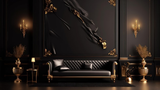 una stanza minimalista di una villa nera con dettagli dorati per uno striscione per una decorazione