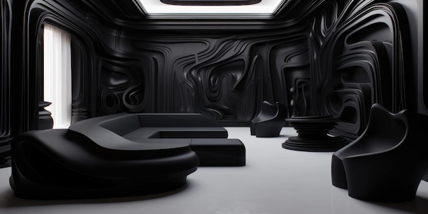 Una stanza nera con pavimento bianco, pareti e soffitto neri