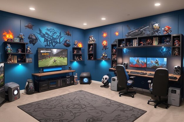 Una stanza per giocatori personalizzata con le pareti decorate