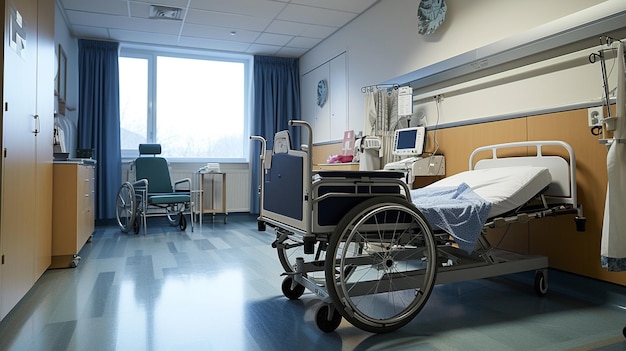 Una stanza per pazienti in ospedale è dotata sia di una sedia a rotelle che di un letto d'ospedale