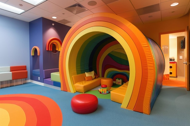 Una stanza piena di colori vivaci del tema dell'arcobaleno che crea un'atmosfera allegra e invitante Lo spazio è attentamente progettato per fornire un'esperienza sensoriale