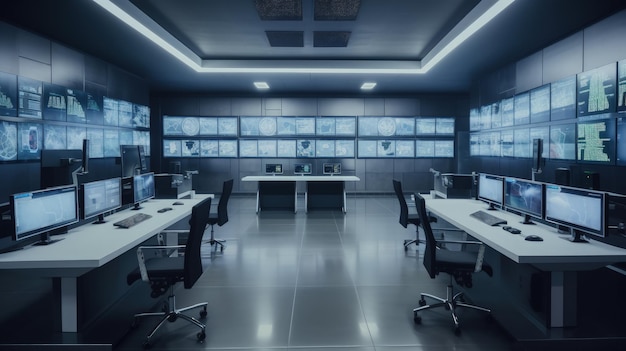 Una stanza piena di molti monitor e scrivanie generative AI