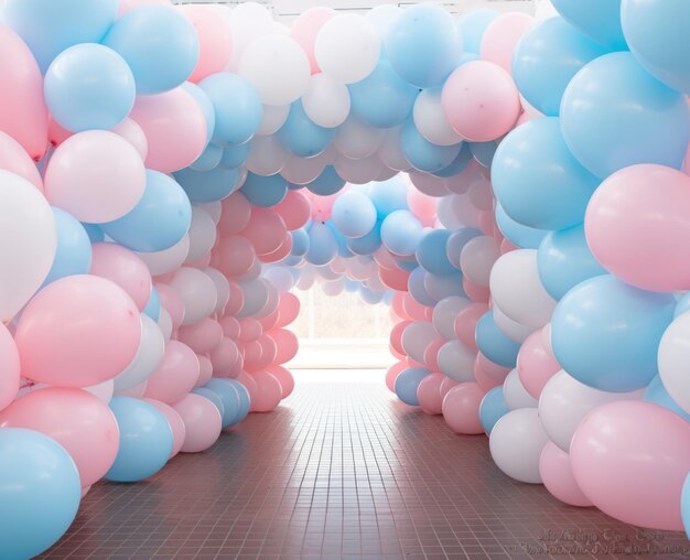 Una stanza piena di palloncini blu e rosa