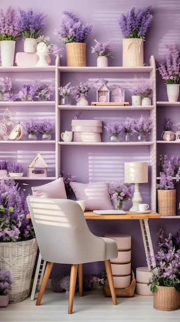 una stanza piena di tanti fiori viola Interni di una fattoria Area di lavoro con tema colore lavanda