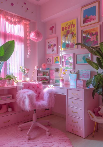 Una stanza rosa con poltrona da scrivania e pianta da casa per l'interior design