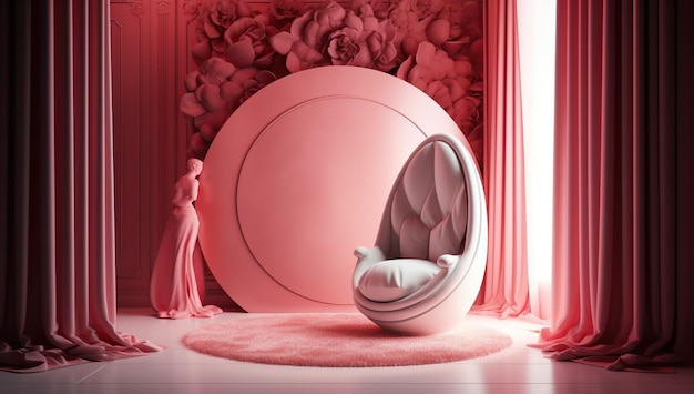 Una stanza rosa con un tavolo rotondo e una sedia al centro.