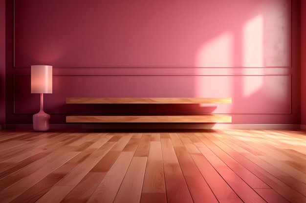 Una stanza rosa con una panca di legno e una lampada alla parete.