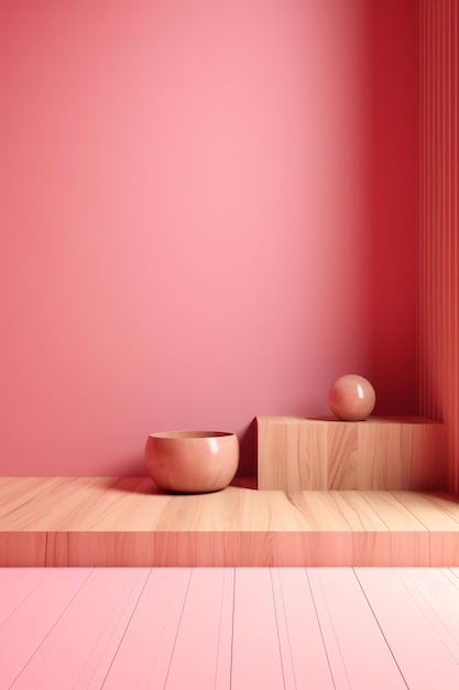 Una stanza rosa con una parete rosa e una scatola di legno con sopra un vaso.