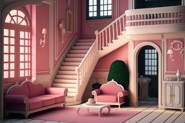 Una stanza rosa con una scala e un divano.