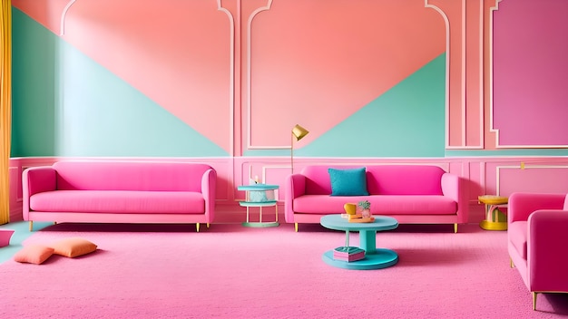 Una stanza rosa e verde con un divano rosa e un tavolino