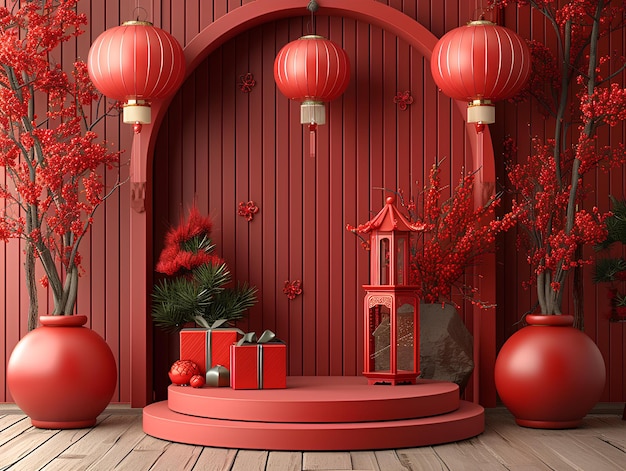 Una stanza rossa con un tavolo rosso e lanterne rosse