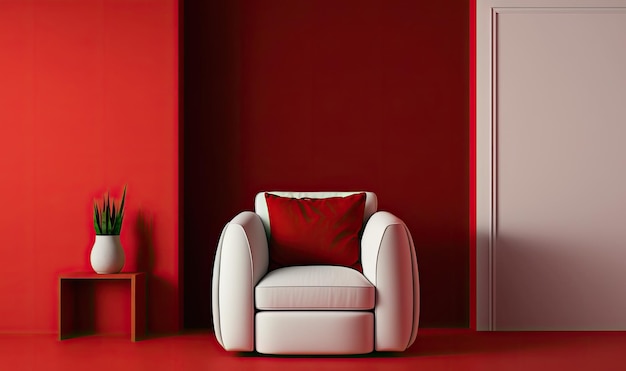 Una stanza rossa con una sedia bianca e un cuscino rosso.
