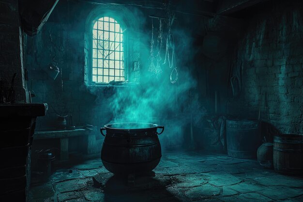 Una stanza scarsamente illuminata che mostra una grande pentola posta sul pavimento Bubbling witchesa cauldron in una stanza scarsely illuminata AI Generato