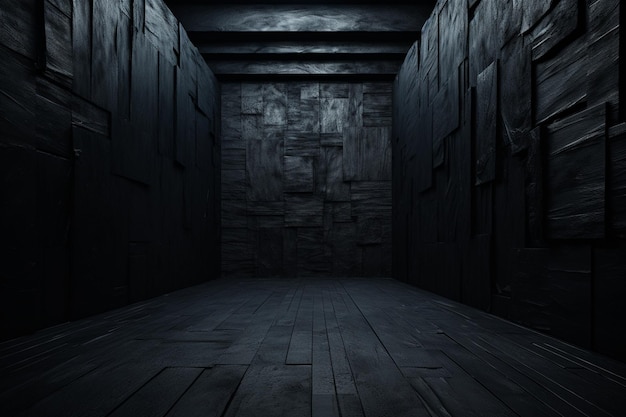 una stanza scarsamente illuminata con un pavimento in legno e una parete scura generativa ai