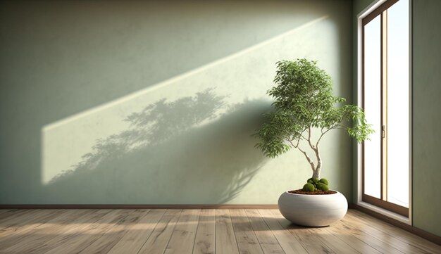 Una stanza spaziosa con una serena parete verde salvia e un prominente albero bonsai giapponese generato dall'intelligenza artificiale