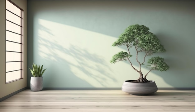 Una stanza spaziosa con una serena parete verde salvia e un prominente albero bonsai giapponese generato dall'intelligenza artificiale