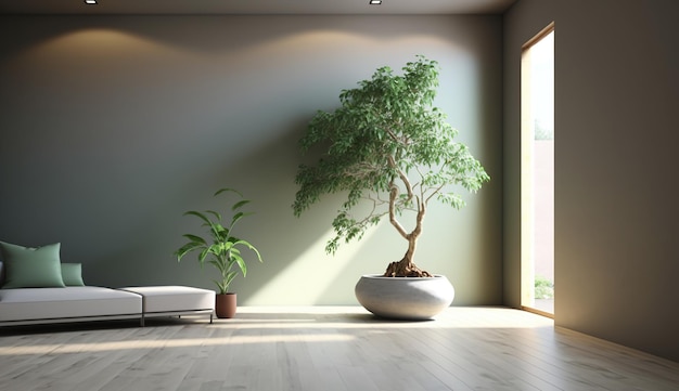 Una stanza spaziosa con una serena parete verde salvia e un prominente albero bonsai giapponese generato dall'intelligenza artificiale