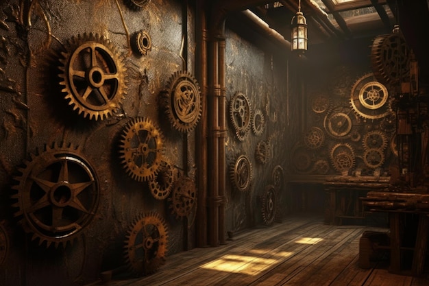 Una stanza steampunk con tanti ingranaggi sul muro nello stile del misterioso realismo di Bryce 3D Generative AI