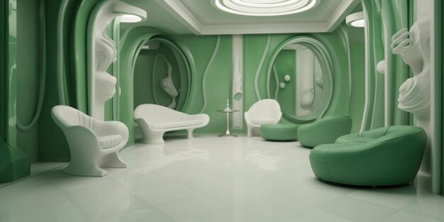 Una stanza verde con un divano bianco e una doccia con una porta che dice "la stanza è verde"