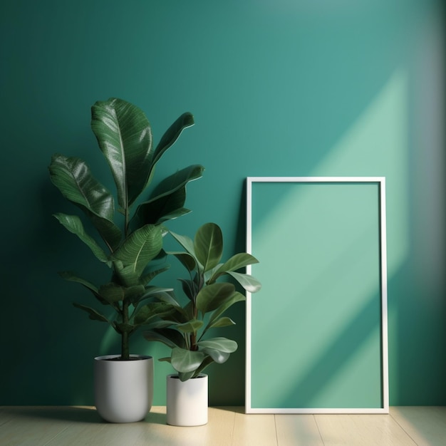 Una stanza verde con una cornice e una pianta dentro.
