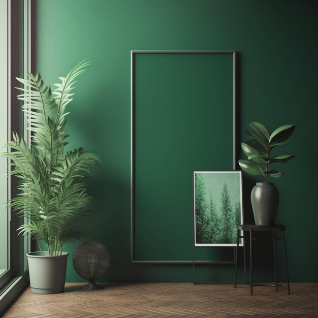 Una stanza verde con una cornice e una pianta sul pavimento.