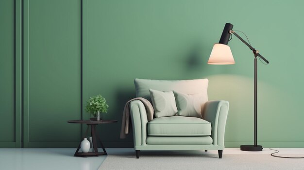 una stanza verde con una lampada e una lampada