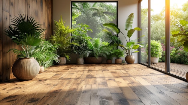 Una stanza vuota con pavimenti in laminato di legno e ombre di luce solare sulle pareti che rappresentano un design interno minimo