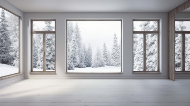 Una stanza vuota con tre finestre e alberi innevati che generano un'IA generativa