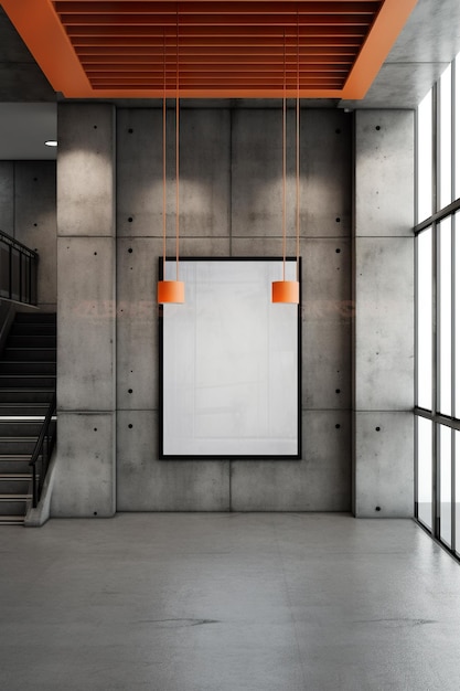 Una stanza vuota con un'immagine vuota appesa al soffitto Immagine AI generativa Mockup di tela per poster