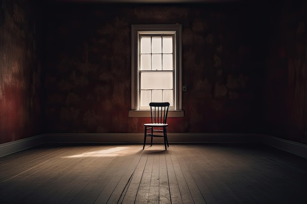 Una stanza vuota e buia con una sedia e una finestra