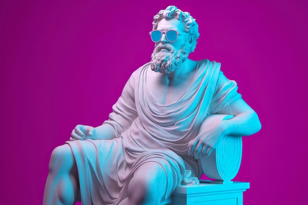 Una statua bianca di Platone in una bella posa con occhiali 3D magenta e ciano pronti a festeggiare AI Generative