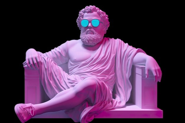 Una statua bianca di Platone in una bella posa con occhiali 3D magenta e ciano pronti a festeggiare AI Generative