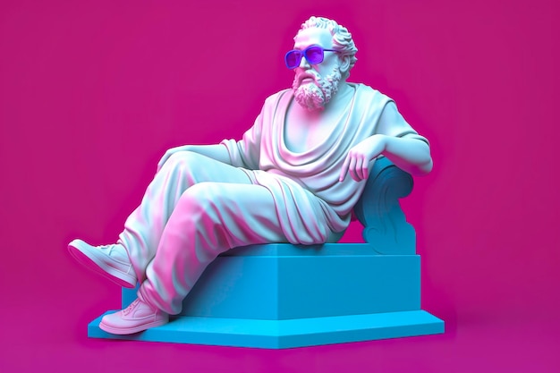 Una statua bianca di Platone in una pose cool indossando occhiali 3D magenta e ciano pronti a festeggiare AI Generative
