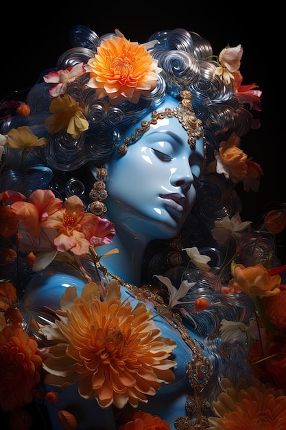 una statua blu di una donna con fiori in testa