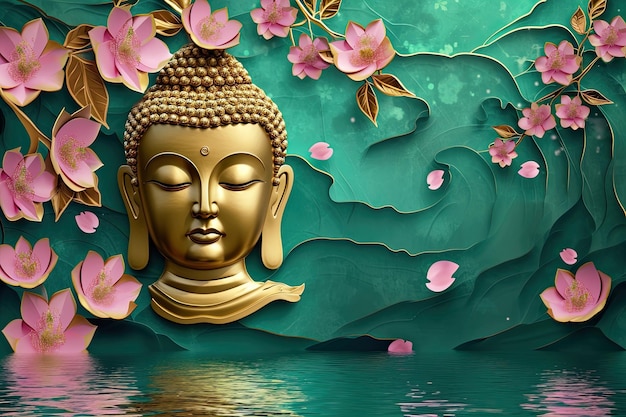 una statua d'oro di Buddha con dei fiori in cima