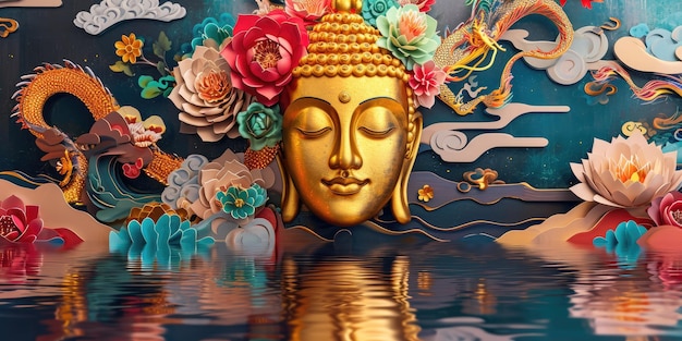 una statua d'oro di Buddha con dei fiori