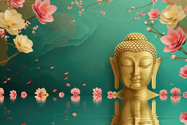 una statua d'oro di Buddha è circondata da fiori