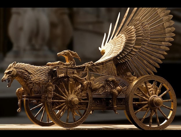 Una statua d'oro di un'aquila con le ali è su un carro.