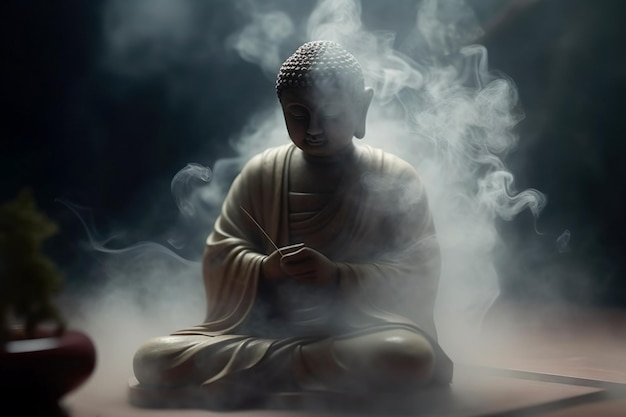 Una statua del Buddha e l'incenso che brucia Fumo d'incenso nell'atmosfera buia Il buddismo e le sue divinità Tecnologia di intelligenza artificiale generativa