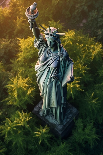 Una statua della libertà si trova in una foresta con il sole che splende su di essa.