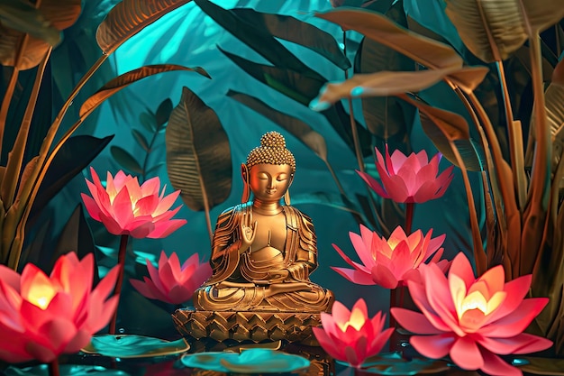 una statua di Budda con fiori di loto e una statura di Budda