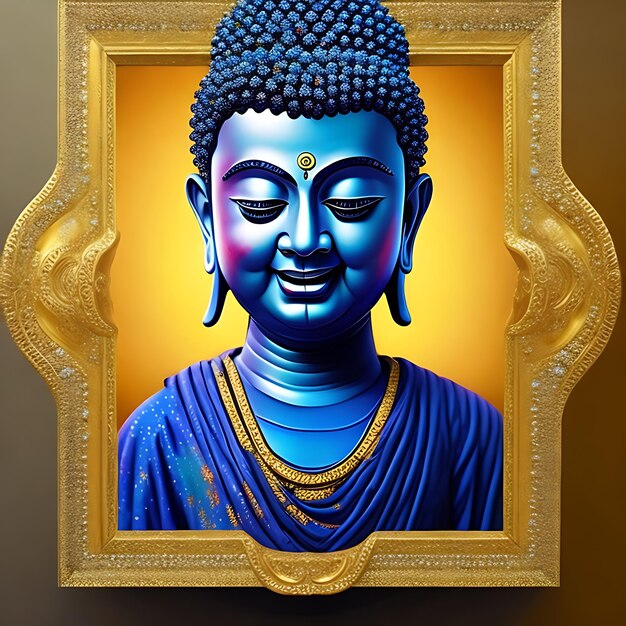 Una statua di Buddha blu con una cornice dorata e blu