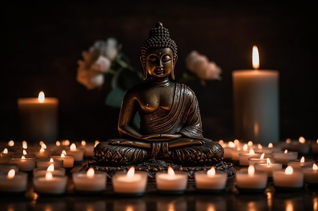 Una statua di buddha circondata da candele con una candela sullo sfondo