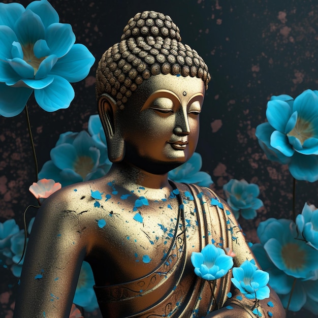 Una statua di buddha con fiori blu sullo sfondo