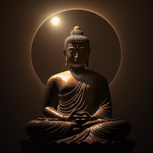 Una statua di Buddha con la luna dietro di essa