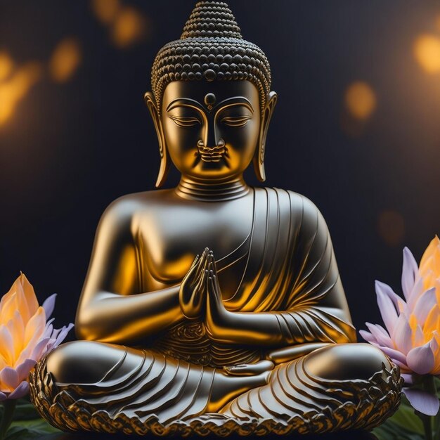 Una statua di Buddha con la parola Buddha sul davanti