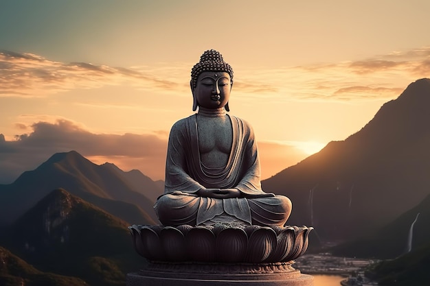 Una statua di Buddha con le montagne sullo sfondo