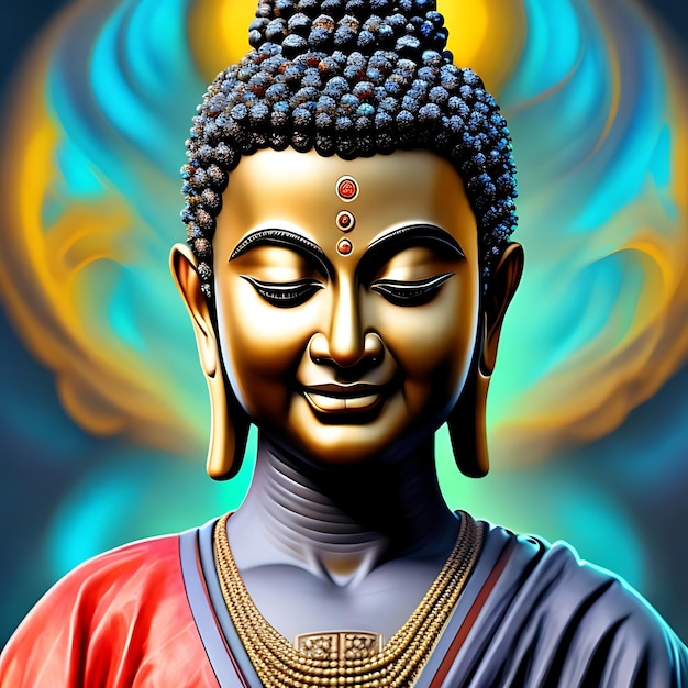 Una statua di Buddha con sfondo oro e blu.