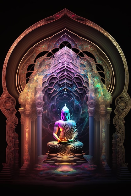 una statua di Buddha con una luce brillante sul viso